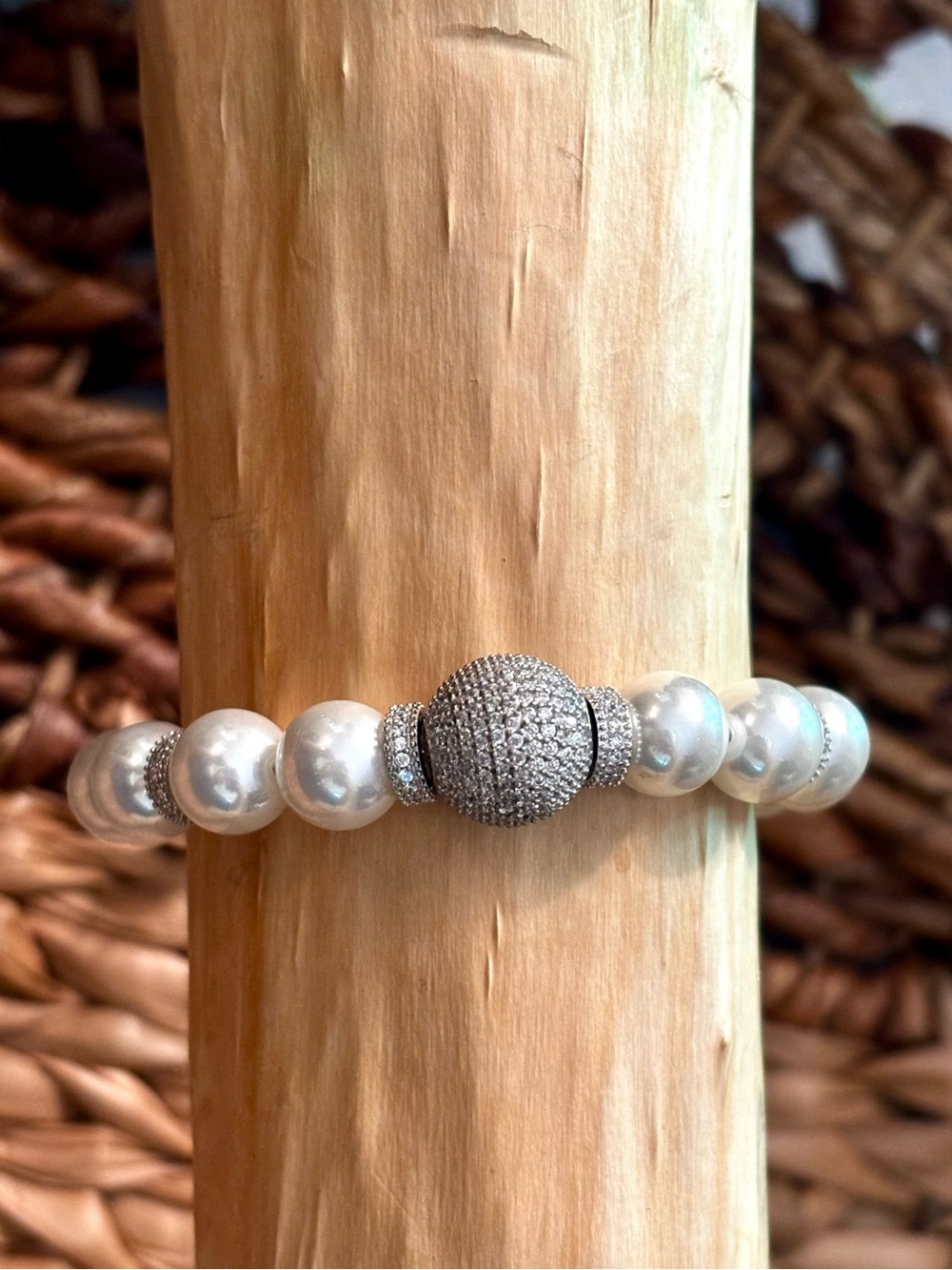 Pearl Bead Adjustable Bracelet with White Gold Pave Accent Quality Faux